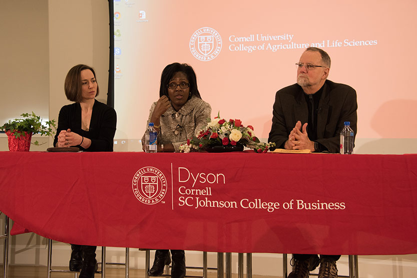 Left to right: Eva Steiner, assistant professor of real estate, School of Hotel Administration; Lynn Wooten, David J. Nolan Dean and professor of management and organizations, Charles H. Dyson School of Applied Economics and Management; Robert H. Frank, Henrietta Johnson Louis Professor of Management and professor of economics, Samuel Curtis Johnson Graduate School of Management.
