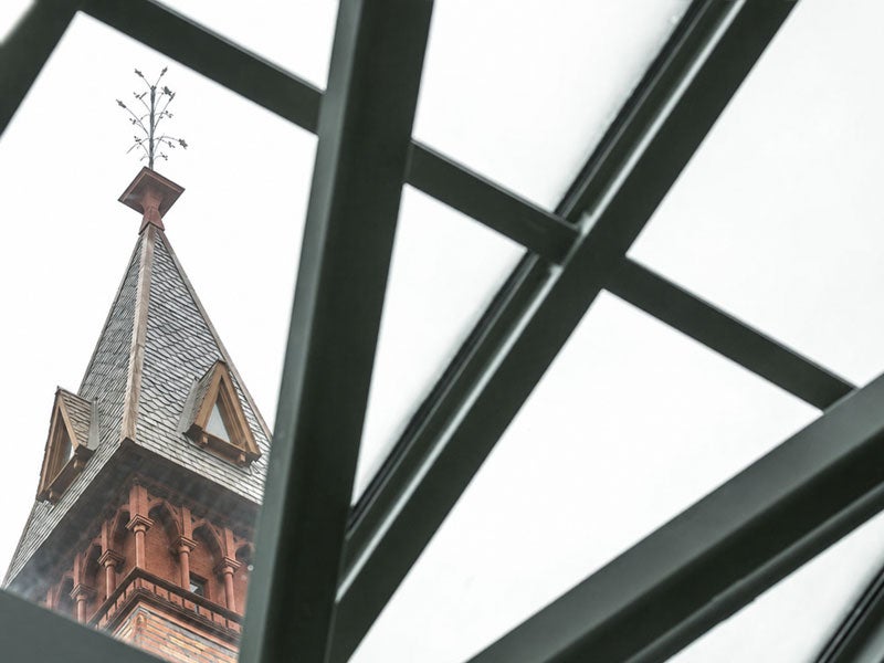 Sage Hall tower through Dyson Atrium ceiling