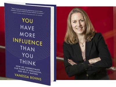 Headshot of Vanessa Bohns, net to an enlarged image of her book, on a red background.