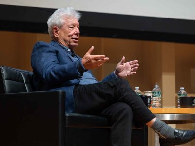 Nobel Prize-winning economist and former Cornell professor Richard Thaler, left, speaks on stage with Thomas Gilovich, the Irene Becker Rosenfeld Professor of Psychology, in the Statler Auditorium.