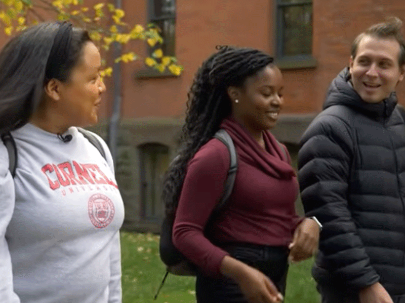 video screen grab of three MBAs walking and talking about Why the Cornell MBA