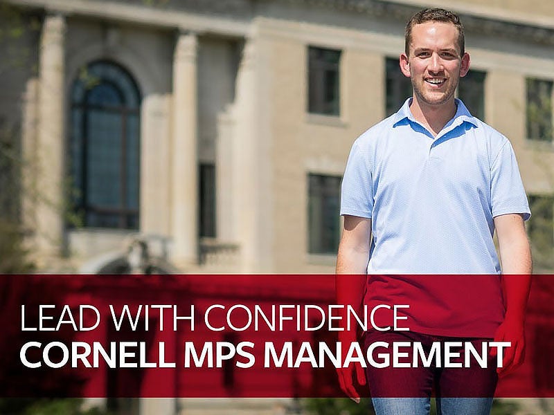 Screen grab from video segment showing a confident student behind the video title - Lead with confidence Cornell MPS Management