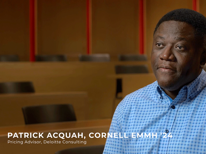 A still from the video where Patrick Acquah, a Cornell EMMH alumni talks about the program.