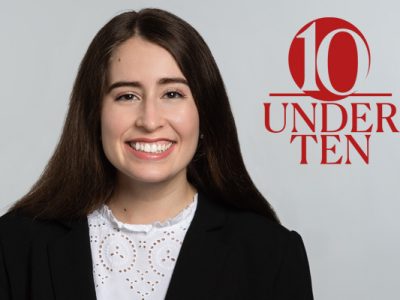 headshot of Madison Austrich with the 10 Under 10 graphic identifier overlaid on the photo background.