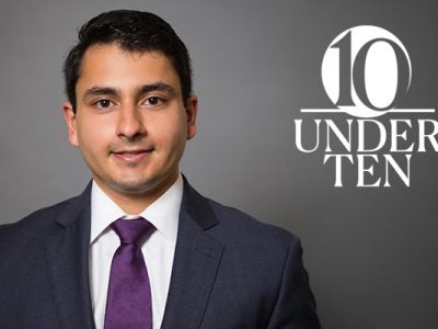 headshot of Raj Dave with the 10 Under 10 graphic identifier overlaid on the photo background next to him.