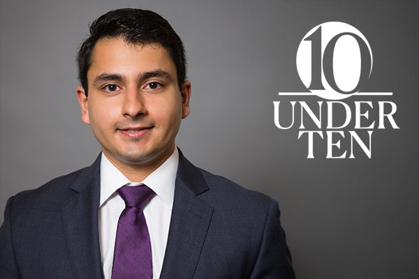 headshot of Raj Dave with the 10 Under 10 graphic identifier overlaid on the photo background next to him.