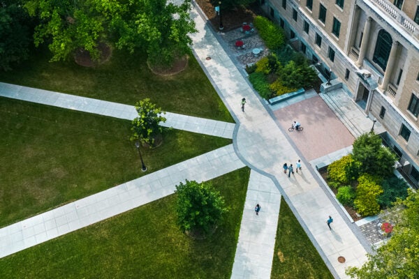 An aerial shot of walkways on campus