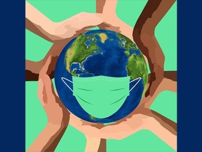 Many human hands holding a masked earth