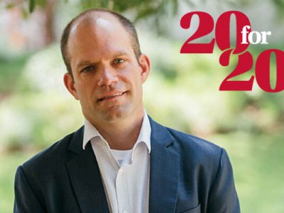 headshot of CJ Fonzi with the 20 for 20 graphic identifier placed next to him on the photo.