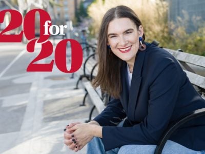 photo of Natalie Grillon sitting on a park bench with a 20 for 20 graphic identifier overlaid on the photo.