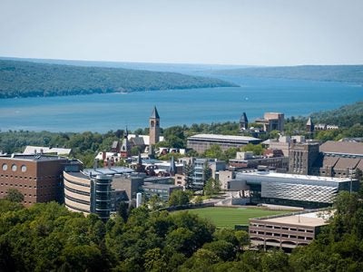 aerial view of the Cornell Campus and Cayuga Lake in the summer