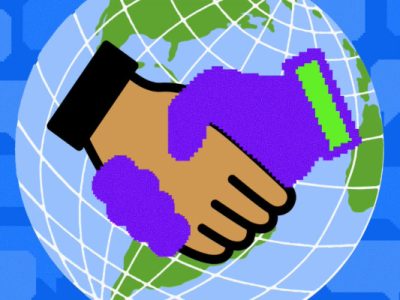 Illustration of two different hands shaking with a globe in the background