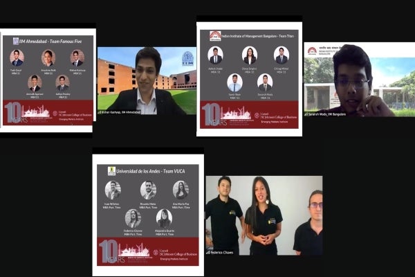 Slides with photos of each of the winning teams that participated in the EMI case competition, along with screen shots of some participants presenting at the conference.