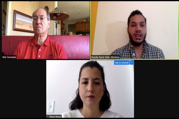 screen shot of EMI Pitch Competition judges (left to right) Rob Ca&ntilde;izares &lsquo;71, MBA &lsquo;74, former president, MSA International, Ricardo Mendoza, CEO of SaveFruit, and Diana Neves, MBA 