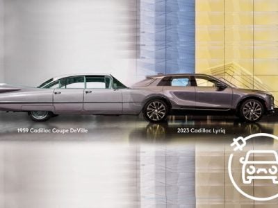photo of a 1959 Cadillac Coupe DeVille morphing into the new Cadillac Lyriq EV