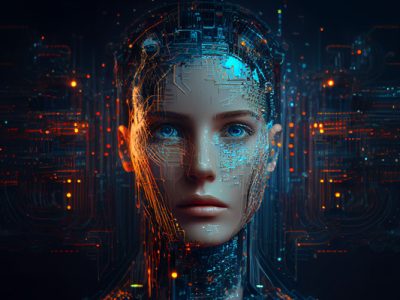 Photo of person's face with digital background