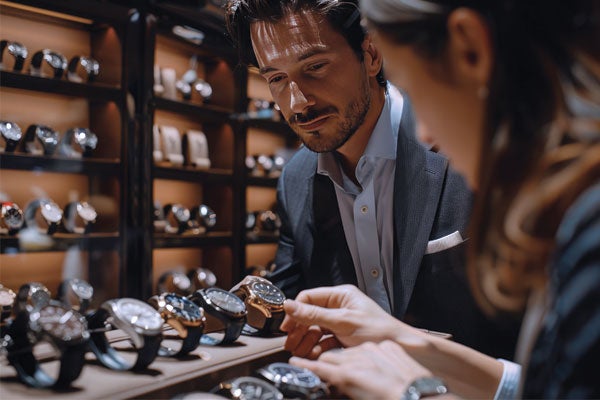 A man and a woman looking at luxury watches in a store.