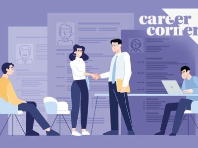 illustration of 4 people with large resumes in the background.. Two men are sitting on either side of the image, one at a desk looking at a laptop. At the center is a young woman shaking hands with a man in a tie holding a folder.