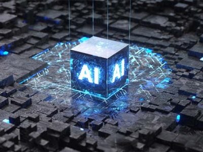 Illustration of a computer chip that says AI