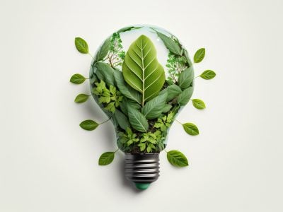 image of green leaves growing inside and outside of a light bulb.