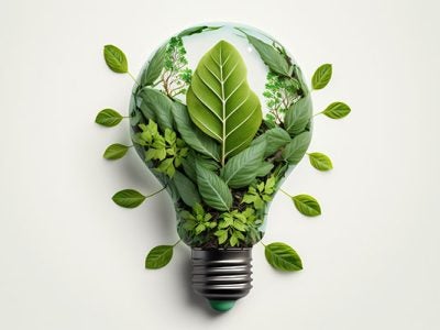image of green leaves growing inside and outside of a light bulb.