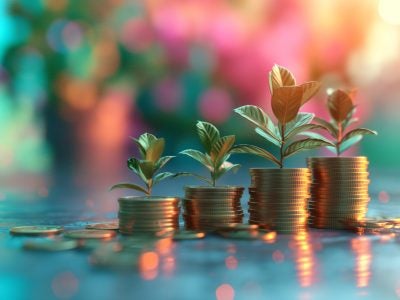 AI generated image of stacked gold coins with a growing tree on top.