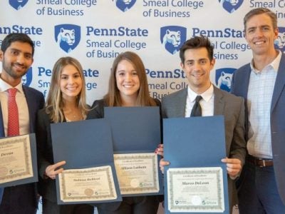 Allison Latham, Two-Year MBA '20, with her team celebrating a second-place finish at the 2018 MBA Sustainability Case Competition at Penn State Smeal College of Business