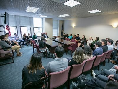 Photo of Hotel and ILR students at a real arbitration in New York City