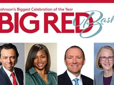 headshots of two men and two women framed by the words Big Red Bash: Johnsons Biggest Celebration of the Year.