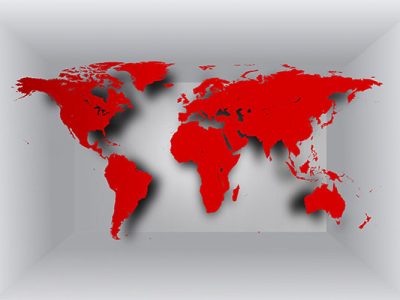 a map of the world with land masses in read against a white background