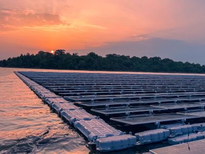 AMPIN Energy Transition&rsquo;s floating solar project at sunset