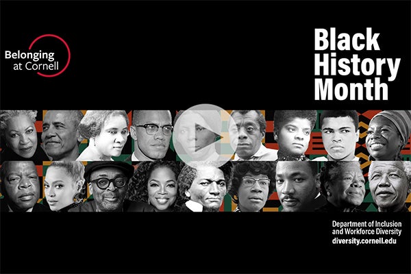 Zoom background with text: Belonging at Cornell and Black History Month and headshots of key Black historic figures