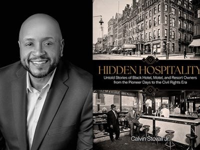 headshot of Calvin Stovall placed next to the cover of his book.