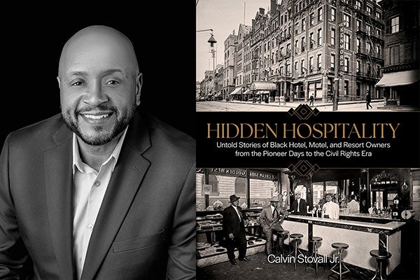 Headshot of Calvin Stovall placed next to the cover of his book.