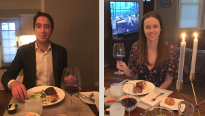 A Photo of Lindsay McAleer, a graduate of Cornell&rsquo;s College of Human Ecology in 2009, and her husband, enjoying a delivery service meal from Canlis for her wedding anniversary dinner.