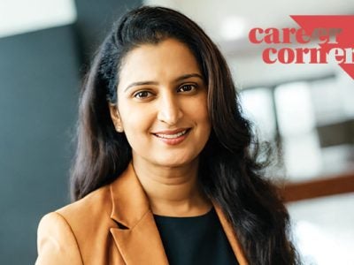 headshot of Chaitanya Baddam with the career corner graphic identifier overlaid on the photo background.