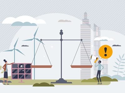 Illustration of renewable energy sources, solar panels and windmills, with tiny people on either side and a scale of justice in the foreground.