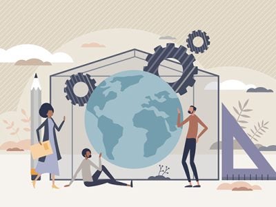Illustration of 2 men and 1 woman examining the globe, framed by the outline of a house flanked by tools (gears, a pencil, a triangular ruler) and plants and sky with a few clouds in the background.