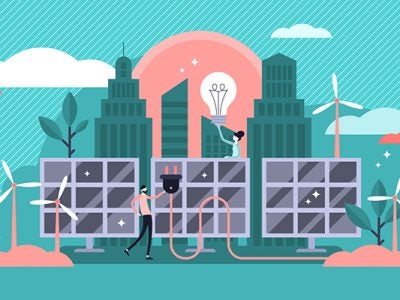 illustration of a cityscape with tall buildings and trees, windmills and solar panels, and a man holding a plug and a woman holding a lightbulb.