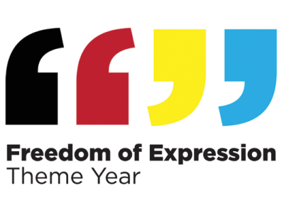 Cornell's Freedom of expression graphic with large, colored quotation marks.