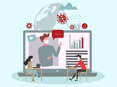 Illustration depicting remote learning during COVID-19 shows two students in the foreground, working on laptops at separate, facing tables, wearing masks, in front of a large screen showing a speaking wearing a mask, a line graph, and a bar chart. In the background is a globe overlaid with a couple of COVID-19 symbols.