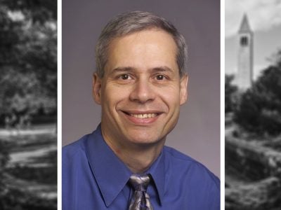 Headshot of Richard T. Curtis, flanked by blurred images of Cornell's campus and clock tower.