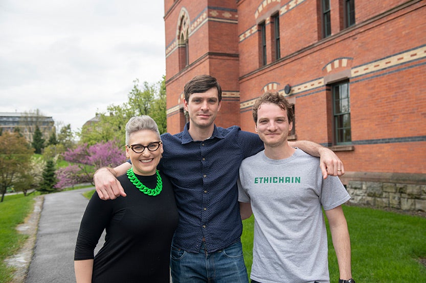 photo of Ethichain founders (left to right) Sara Schmitt, Sean Leland Swinford, and Andre Bordokan, all MBA &rsquo;19