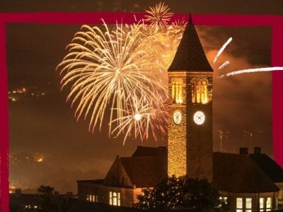 Fireworks above the Cornell clock tower