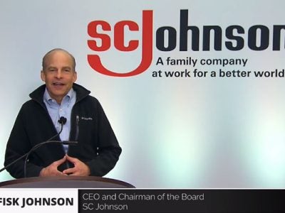 Zoom screen shot of Fisk Johnson speaking with the SC Johnson logo behind him