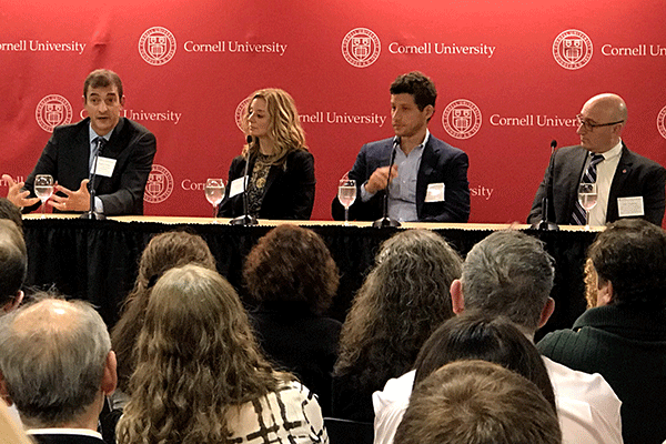 Business of Food: From Farm to Table panelists (left to right) Miguel G&oacute;mez, Jorrie Bruffett &rsquo;97 (SHA), Field Failing &rsquo;05 (Arts & Sciences), MBA &rsquo;12, and Alex Susskind