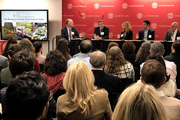 Business of Food: From Farm to Table moderator and panelists (left to right) Andrew Karolyi, Miguel G&oacute;mez, Jorrie Bruffett &rsquo;97 (SHA), Field Failing &rsquo;05 (Arts & Sciences), MBA &rsquo;12, and Alex Susskind