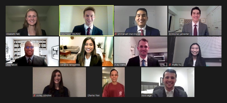 Screenshot of a Zoom meeting in gallery view, featuring leaders of the Old Ezra Club. 