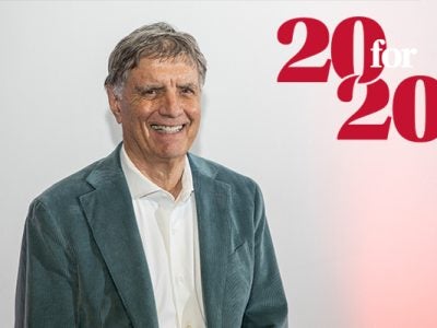 upper body photo of Fred Keller with the 20 for 20 graphic identifier placed on the photo background next to him.