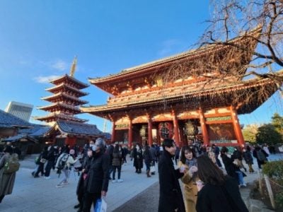 photo of a temple with many people in the foreground and blue skies in the background.